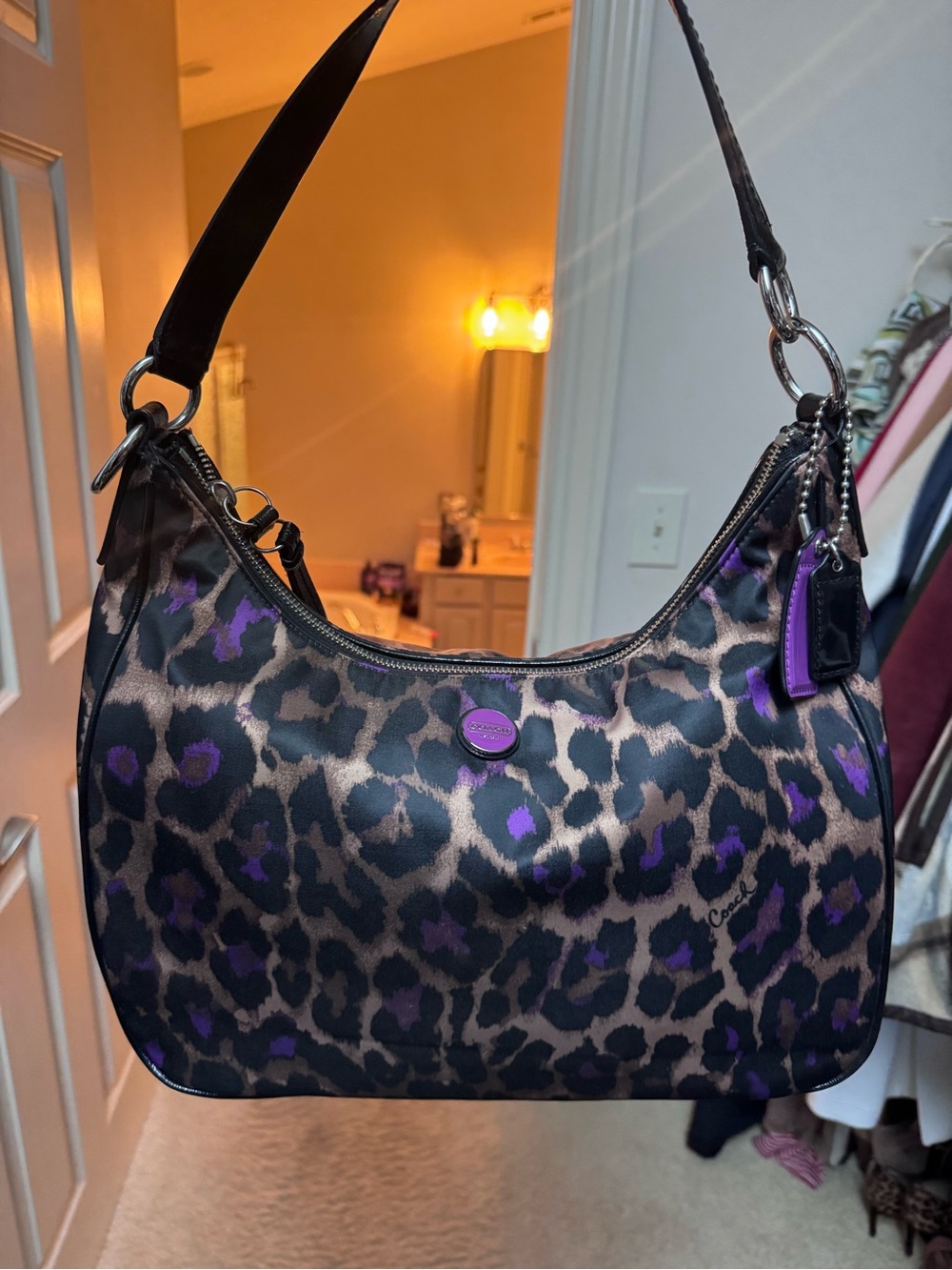 Coach Leopard-Print Shoulder Bag in Purple and Black - Picture 3 of 6